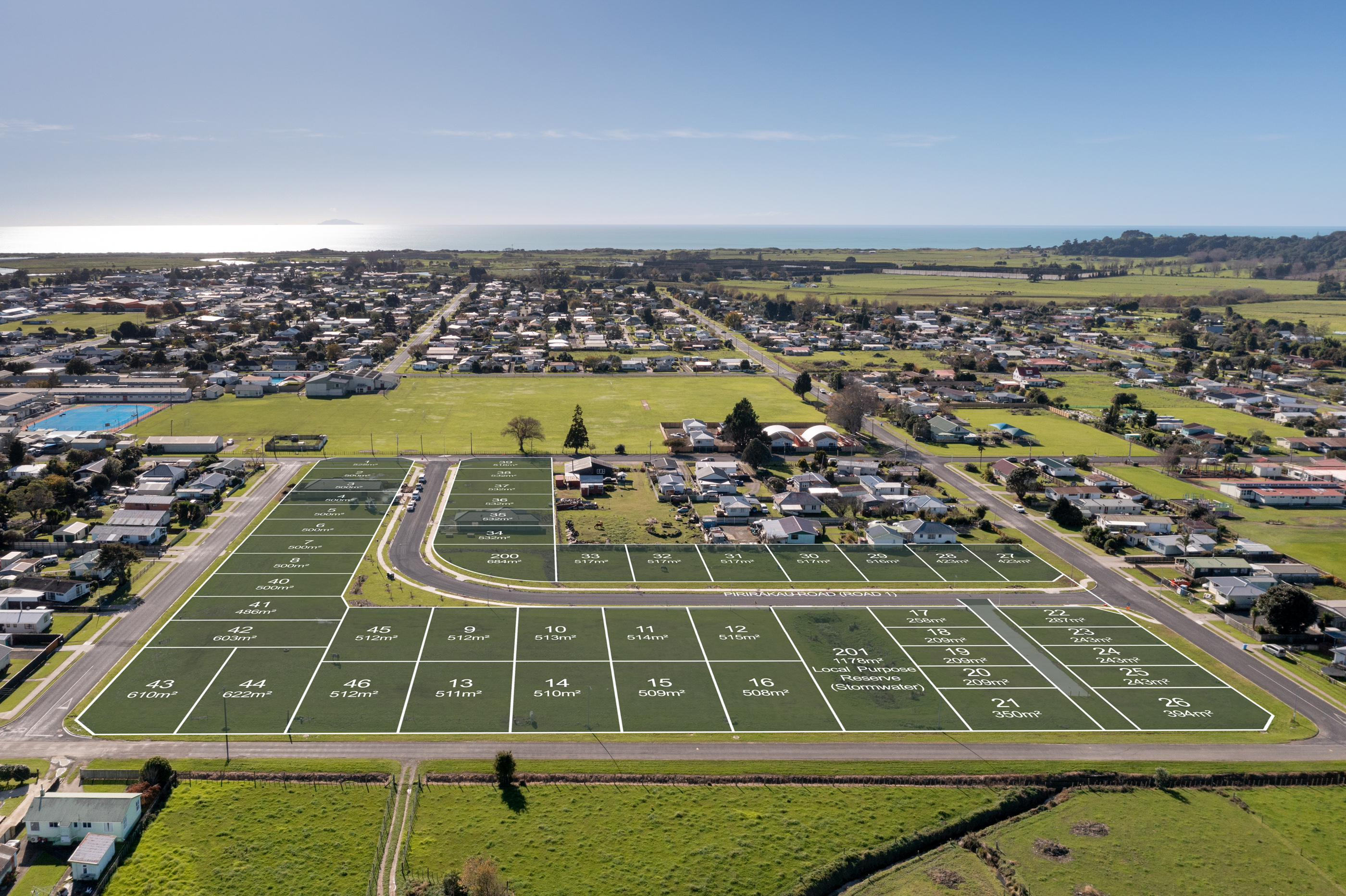 Aerial view of the Pirirākau residential development in Ōpōtiki